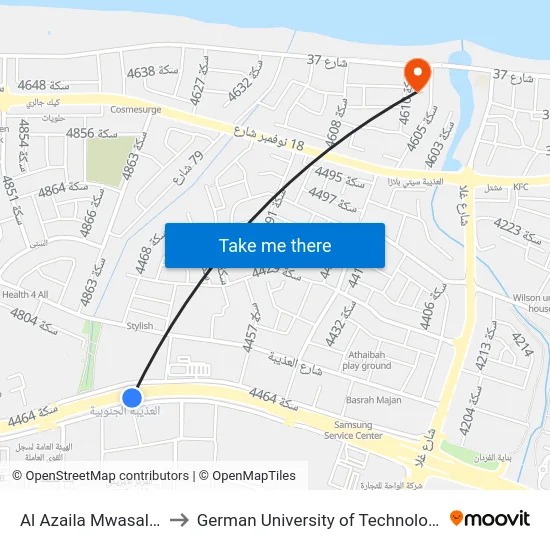 Al Azaila Mwasalat to German University of Technology map