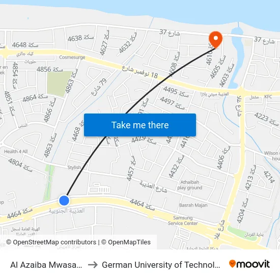 Al Azaiba Mwasalat to German University of Technology map
