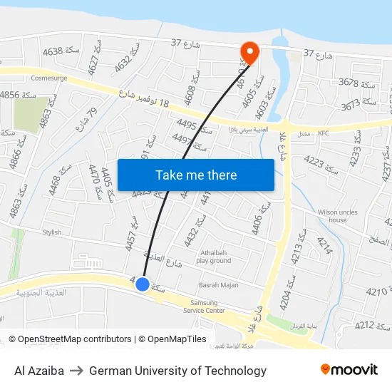 Al Azaiba to German University of Technology map