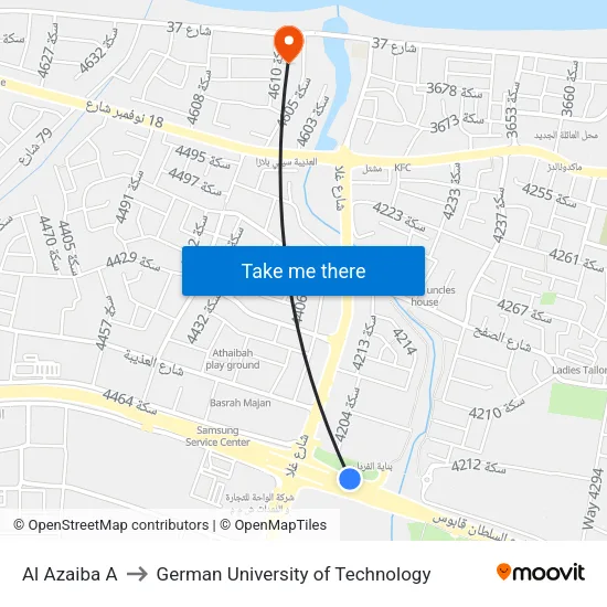 Al Azaiba A to German University of Technology map