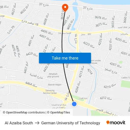 Al Azaiba South to German University of Technology map