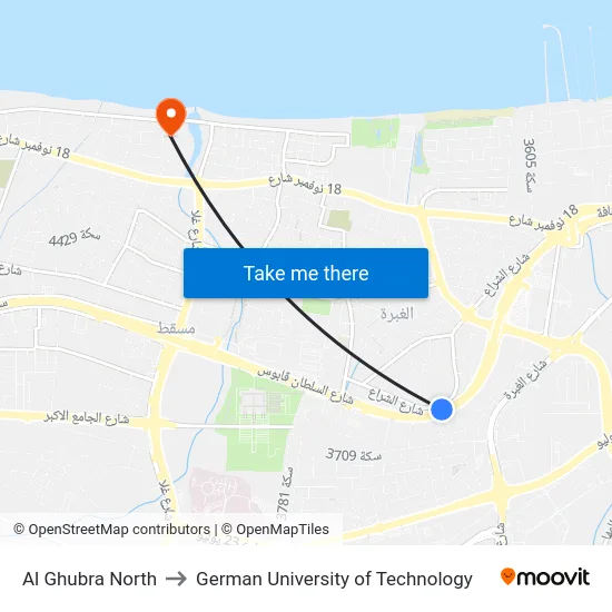 Al Ghubra North to German University of Technology map