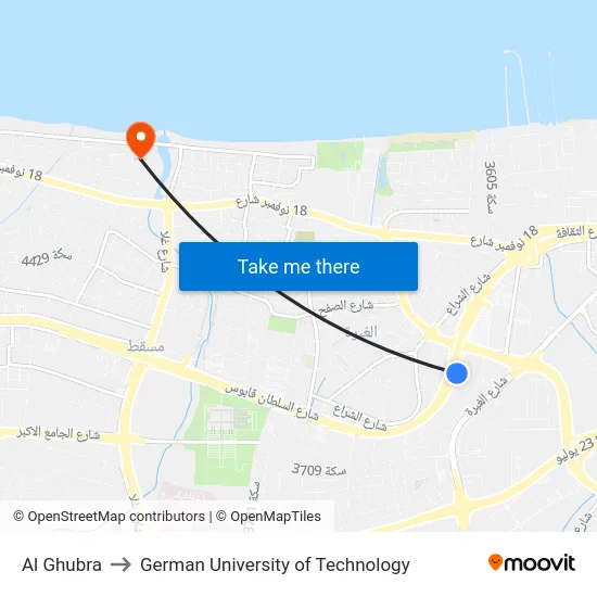 Al Ghubra to German University of Technology map