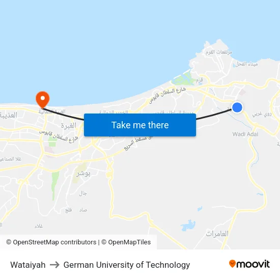 Wataiyah to German University of Technology map