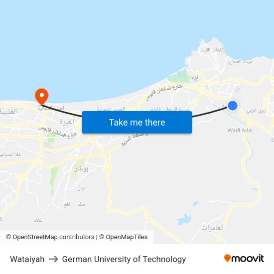 Wataiyah to German University of Technology map