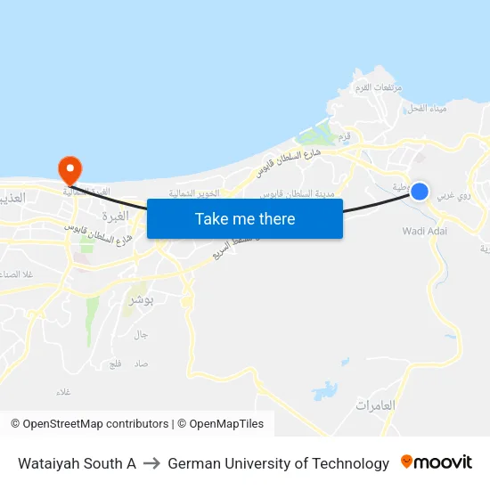 Wataiyah South A to German University of Technology map