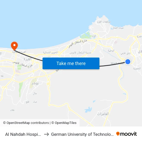 Al Nahdah Hospital to German University of Technology map