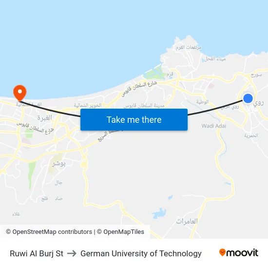 Ruwi Al Burj St to German University of Technology map