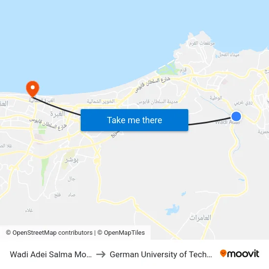 Wadi Adei Salma Mosque to German University of Technology map
