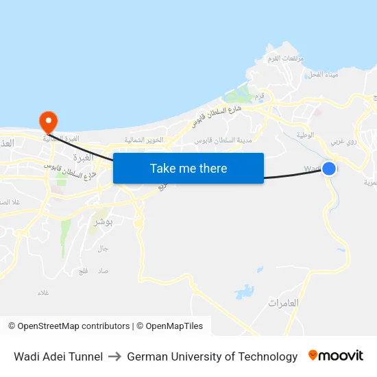 Wadi Adei Tunnel to German University of Technology map