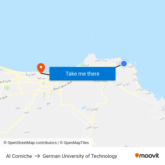 Al Corniche to German University of Technology map