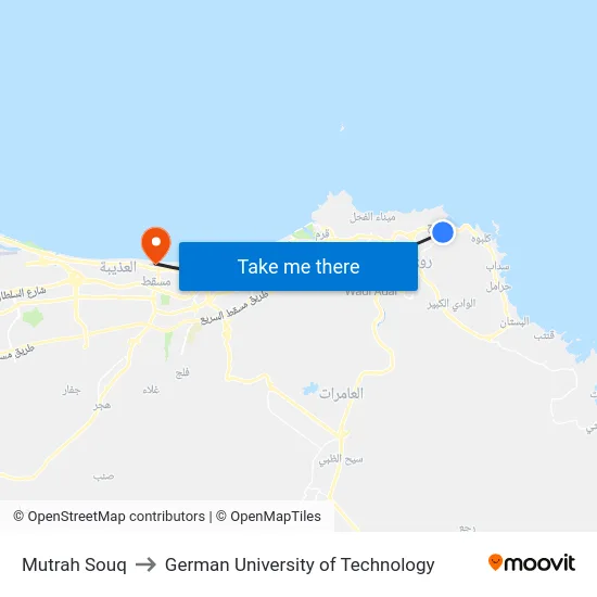 Mutrah Souq to German University of Technology map