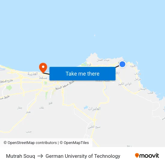 Mutrah Souq to German University of Technology map