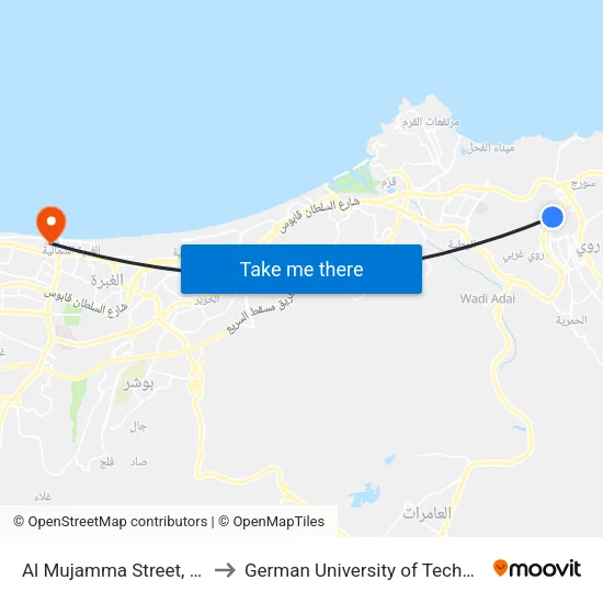 Al Mujamma Street, 2110 to German University of Technology map