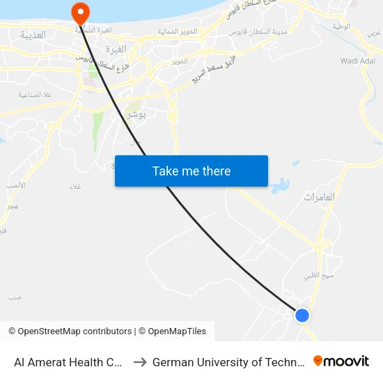 Al Amerat Health Center to German University of Technology map
