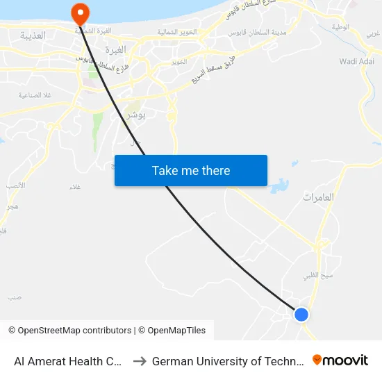 Al Amerat Health Center to German University of Technology map