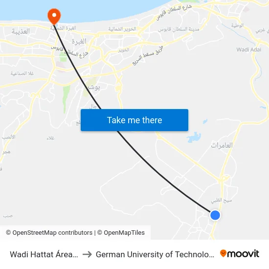 Wadi Hattat Área 1 to German University of Technology map