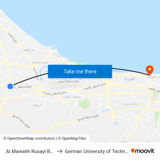 Al Mawalih Rusayl Bridge to German University of Technology map