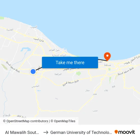 Al Mawalih South E to German University of Technology map