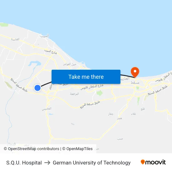 S.Q.U. Hospital to German University of Technology map