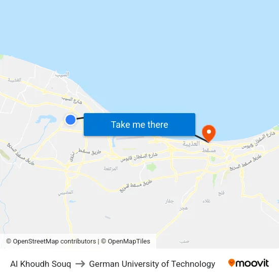 Al Khoudh Souq to German University of Technology map