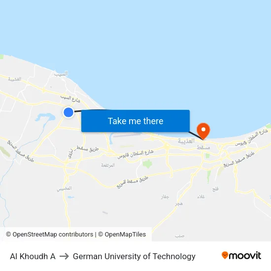 Al Khoudh A to German University of Technology map