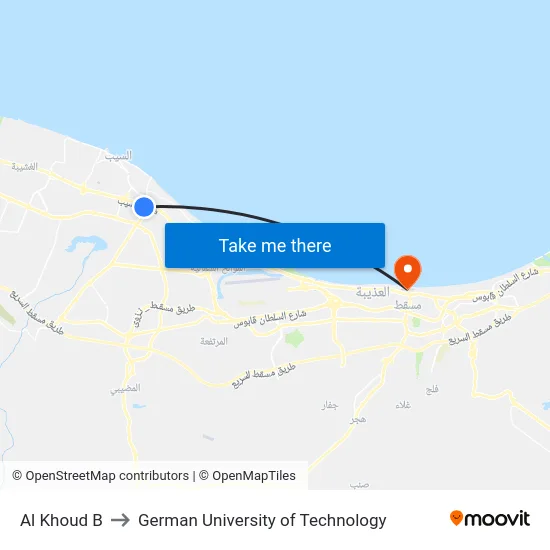 Al Khoud B to German University of Technology map