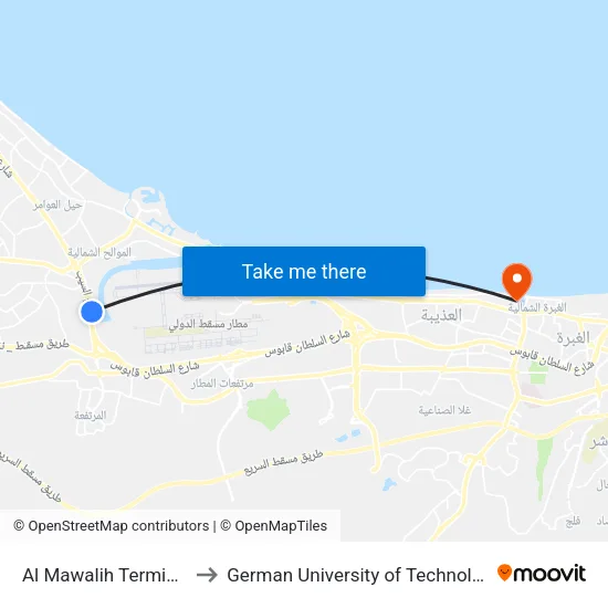 Al Mawalih Terminus to German University of Technology map