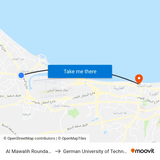 Al Mawalih Roundabout to German University of Technology map