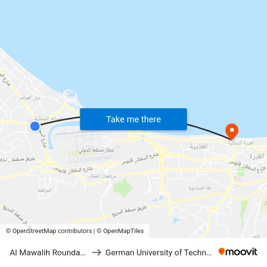 Al Mawalih Roundabout to German University of Technology map