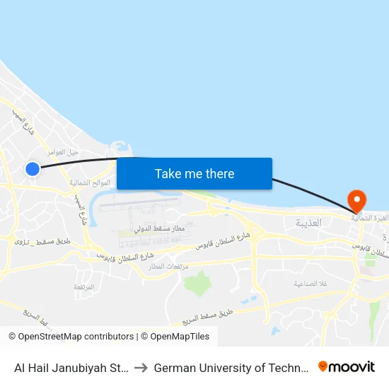 Al Hail Janubiyah Street to German University of Technology map