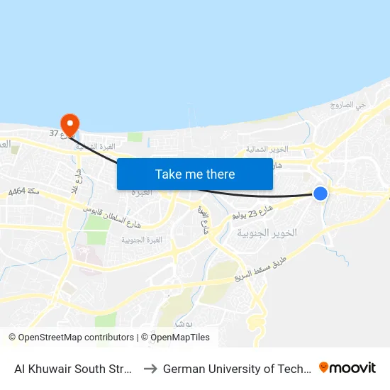 Al Khuwair South Street, 33 to German University of Technology map