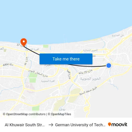 Al Khuwair South Street, 33 to German University of Technology map