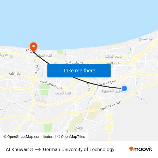 Al Khuwair 3 to German University of Technology map
