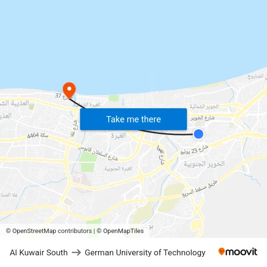 Al Kuwair South to German University of Technology map