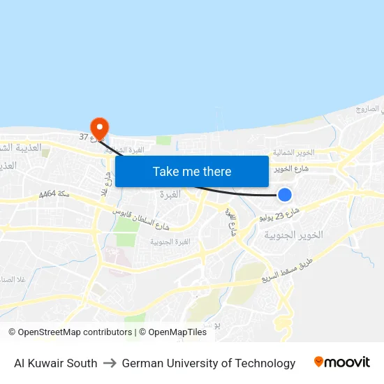 Al Kuwair South to German University of Technology map