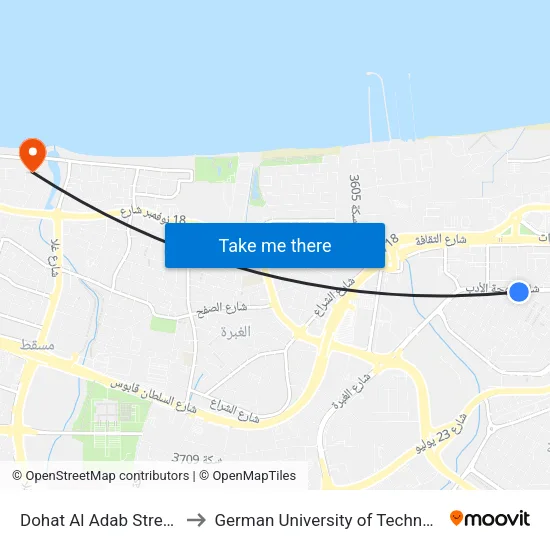 Dohat Al Adab Street, 1 to German University of Technology map