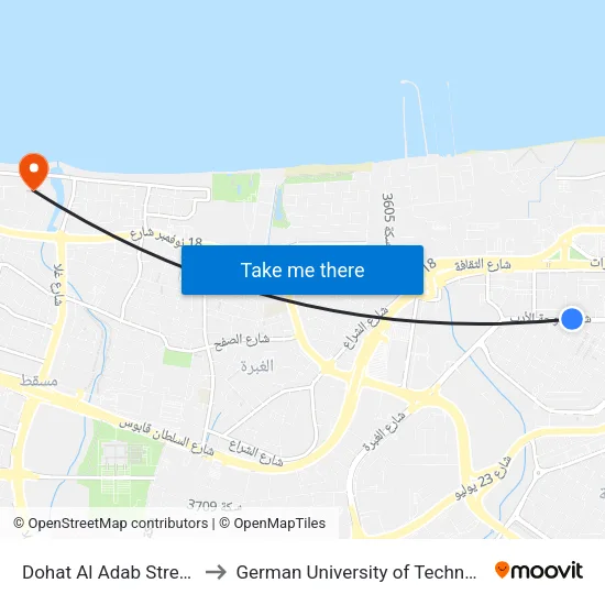 Dohat Al Adab Street, 1 to German University of Technology map