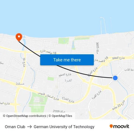Oman Club to German University of Technology map