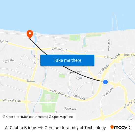 Al Ghubra Bridge to German University of Technology map