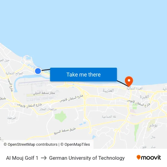 Al Mouj Golf 1 to German University of Technology map