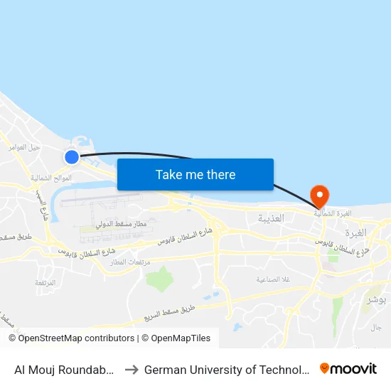 Al Mouj Roundabout to German University of Technology map
