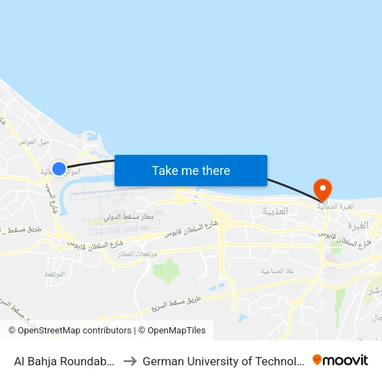 Al Bahja Roundabout to German University of Technology map