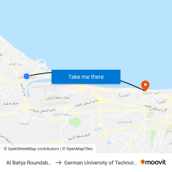 Al Bahja Roundabout to German University of Technology map