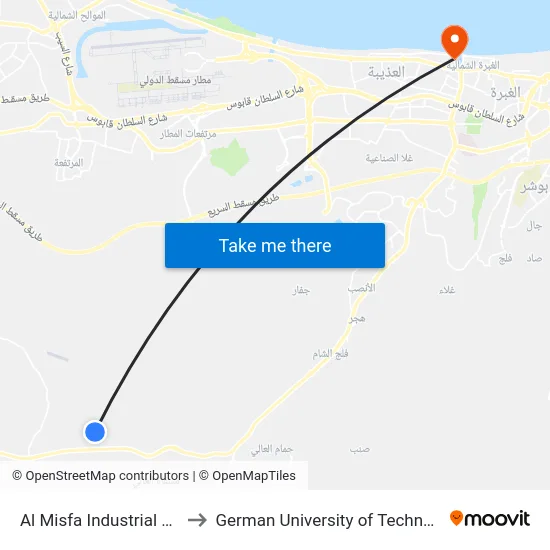 Al Misfa Industrial Área to German University of Technology map