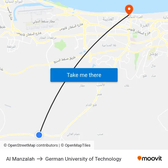 Al Manzalah to German University of Technology map