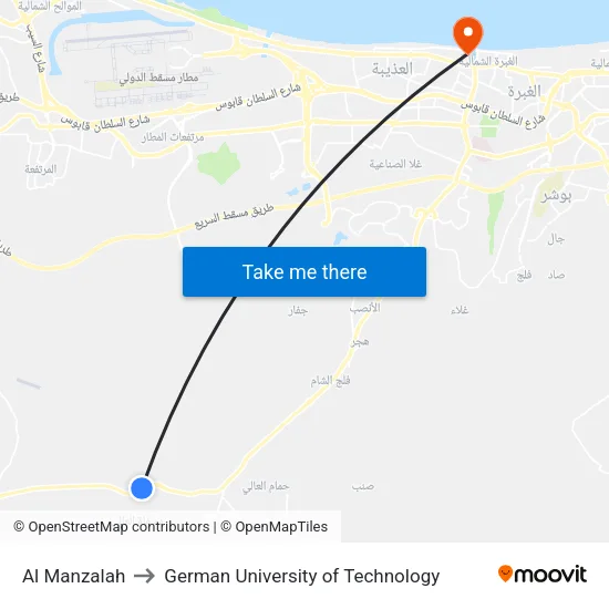Al Manzalah to German University of Technology map