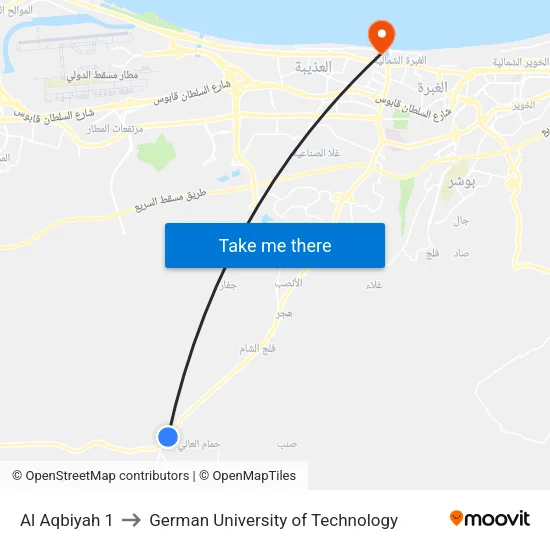 Al Aqbiyah 1 to German University of Technology map