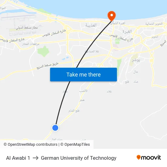 Al Awabi 1 to German University of Technology map