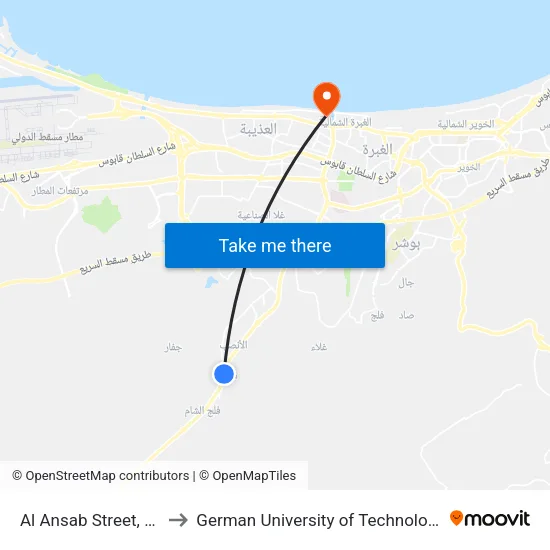 Al Ansab Street, 36 to German University of Technology map